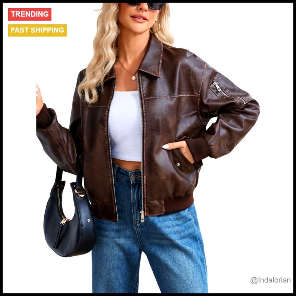 Faux Leather Motorcycle Jacket Bomber Style Zip Up Winter Coat